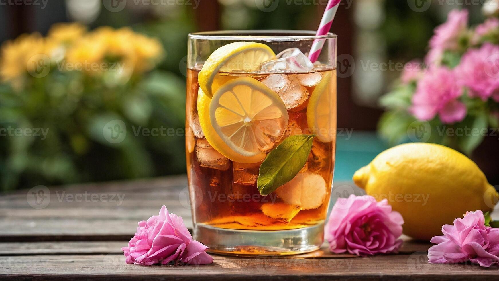 un refrescante con hielo té con limón rebanadas en un patio con floreciente flores en el antecedentes foto