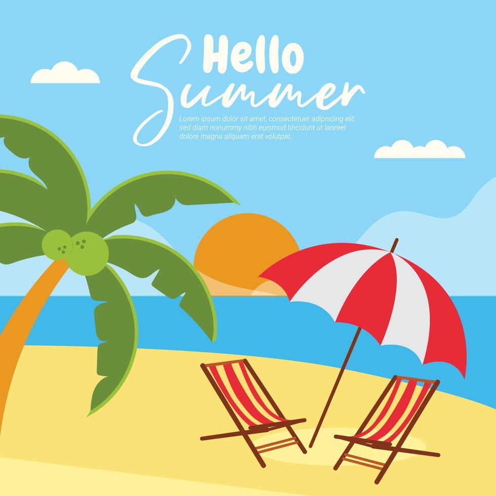 Flat background for summer beach sunset vector