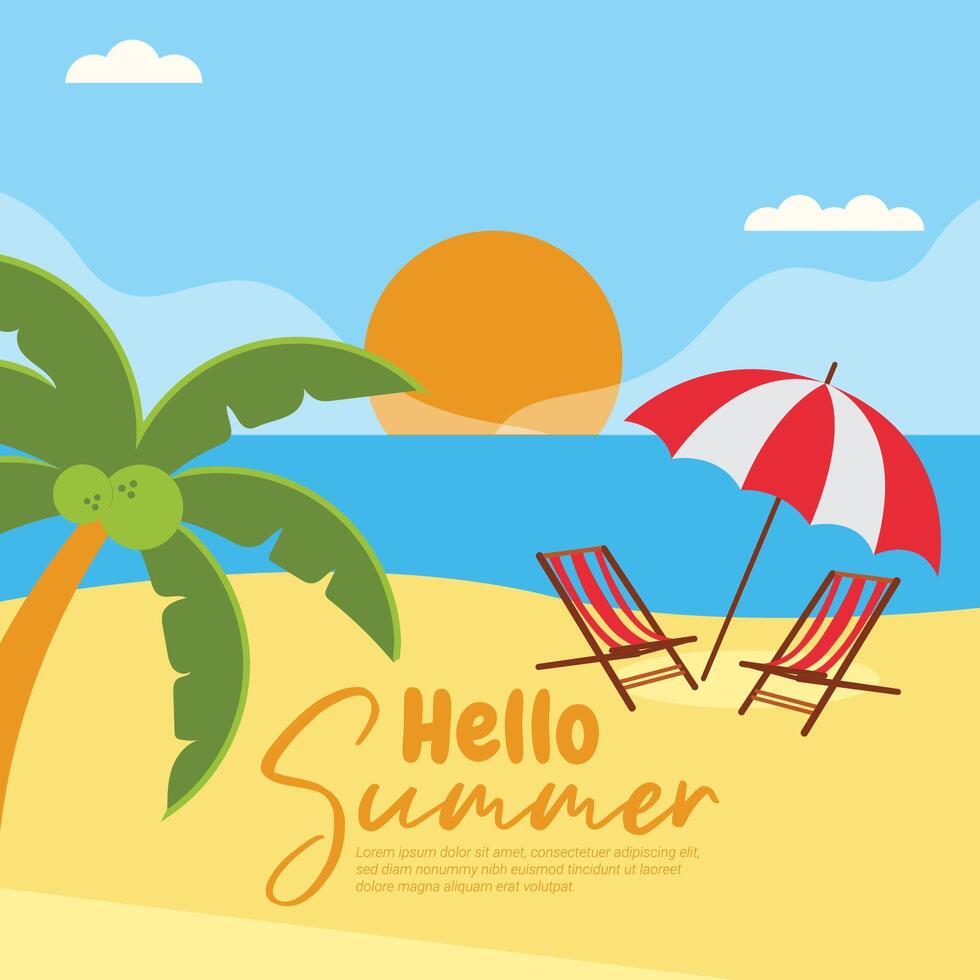 Flat background for summer beach sunset vector