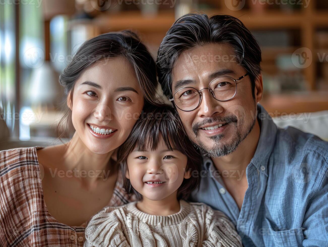 asian family sitting together happy and isolated on living room photo
