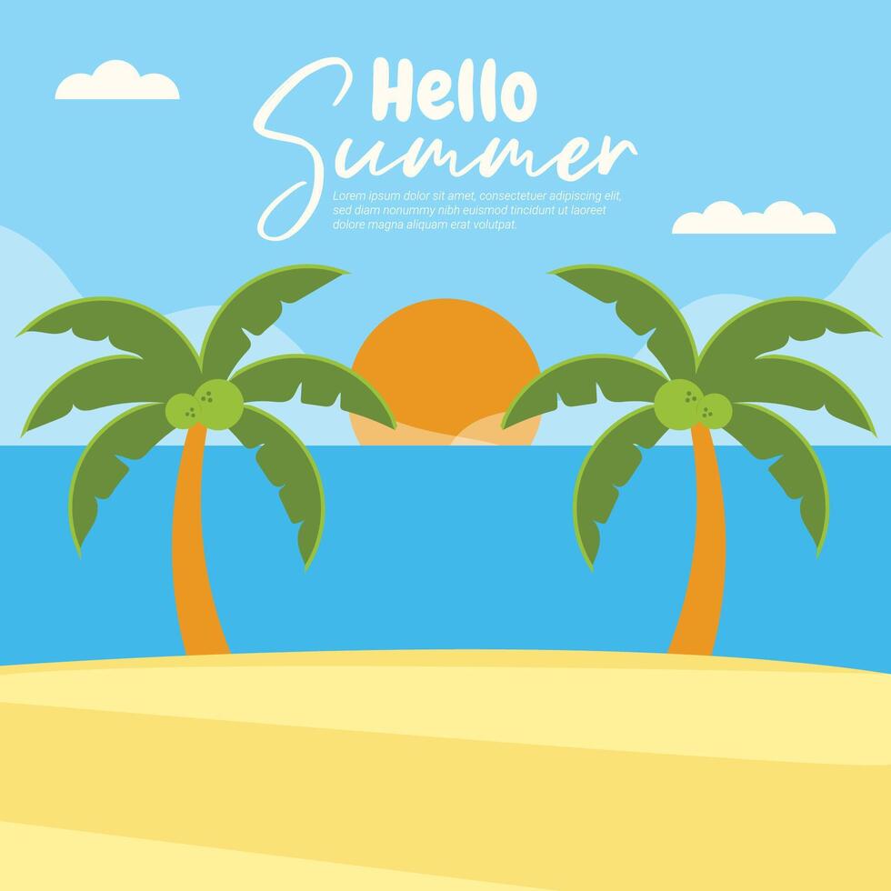 Flat background for summer beach sunset vector