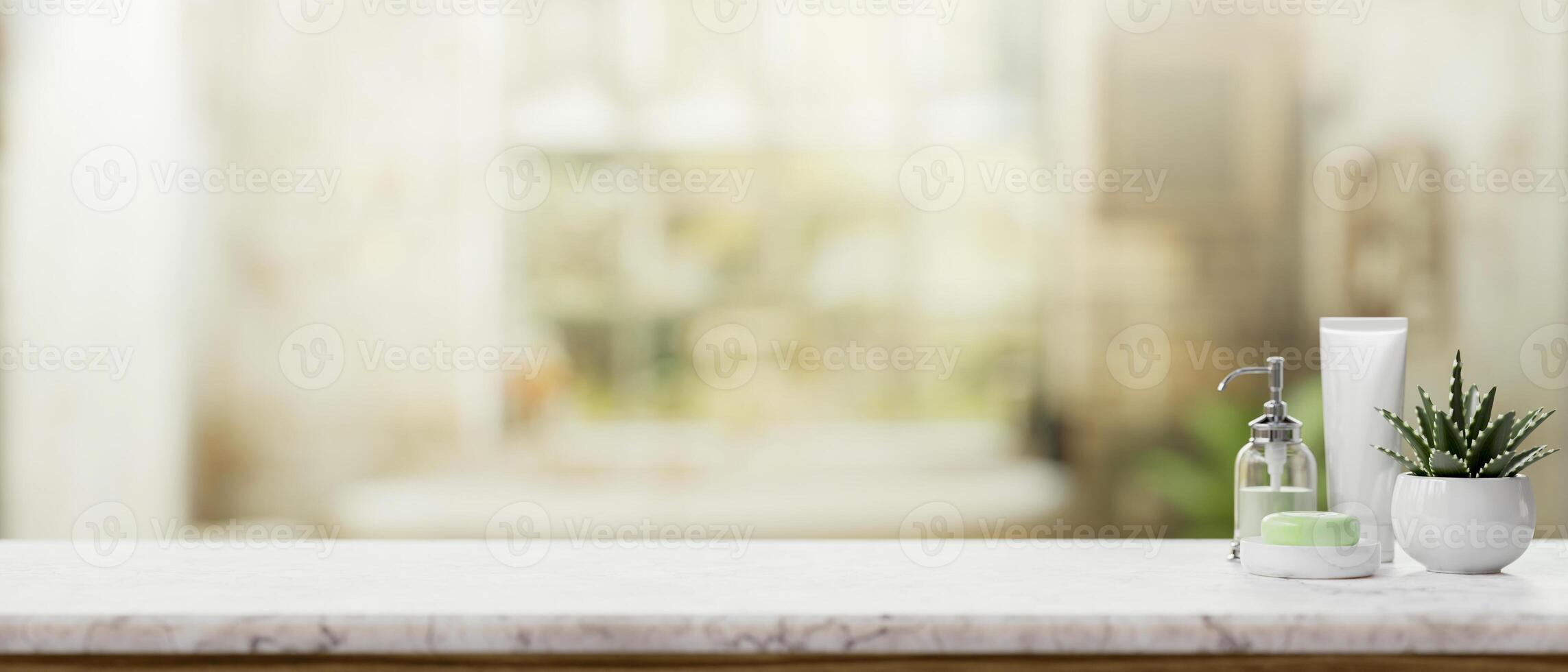 A white marble tabletop with toiletries and a space for display products in a modern bright bathroom photo