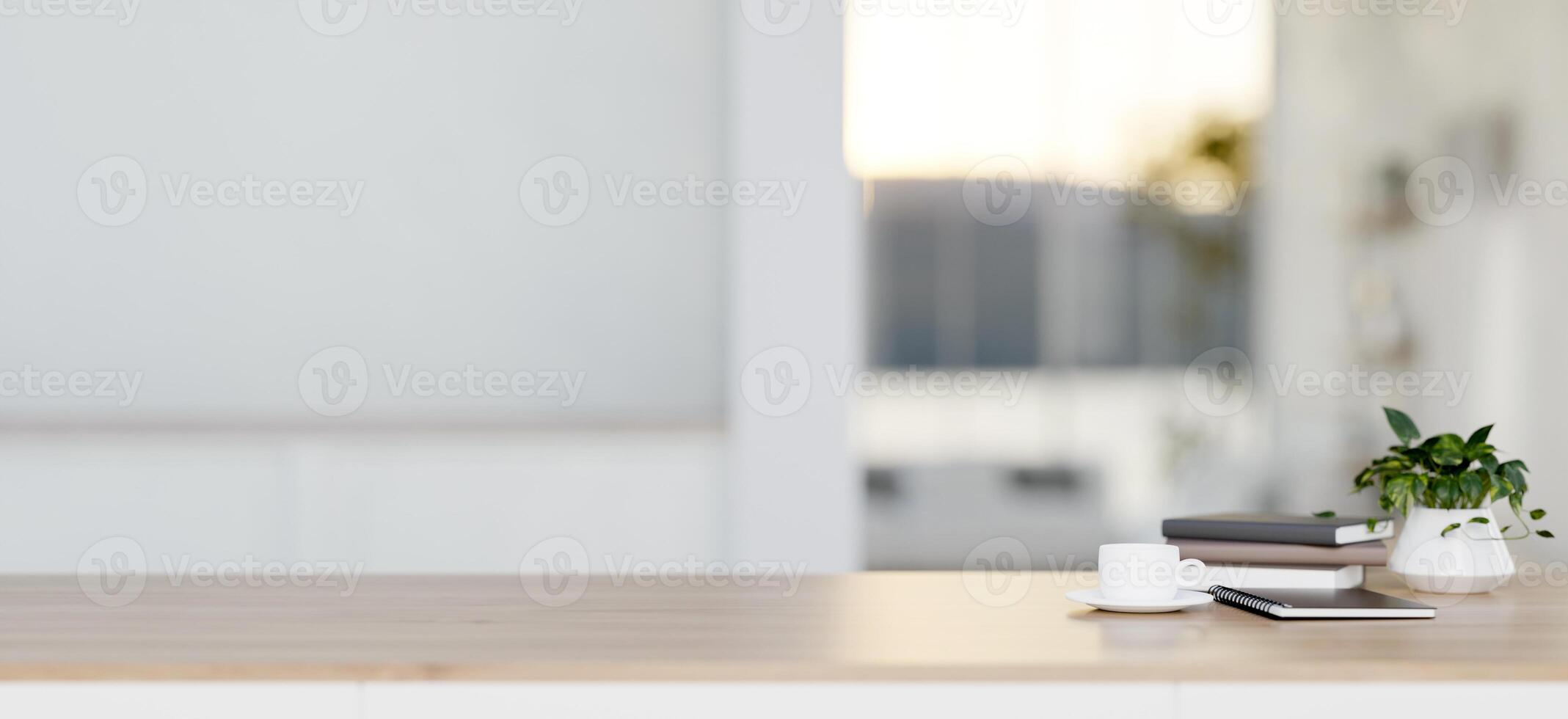 A close-up image of a wooden tabletop for display products in a minimalist white room. photo
