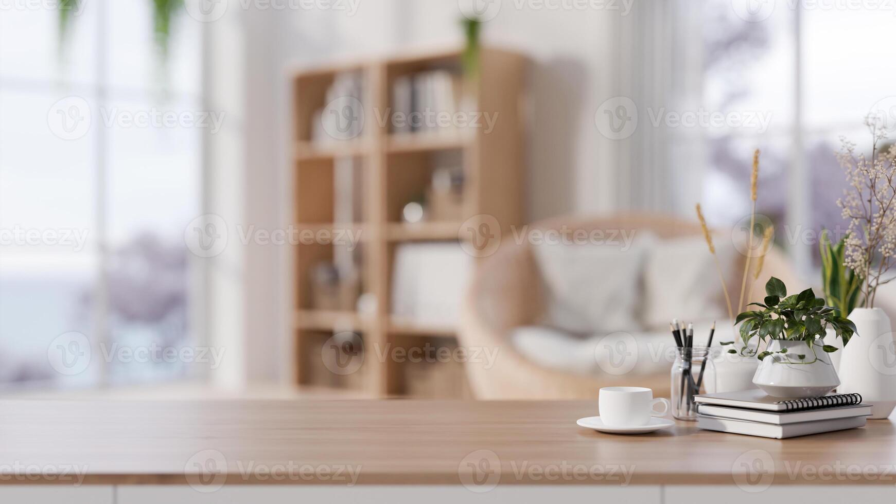 A wooden tabletop adorned set against a blurred background of a cozy Scandinavian living room. photo