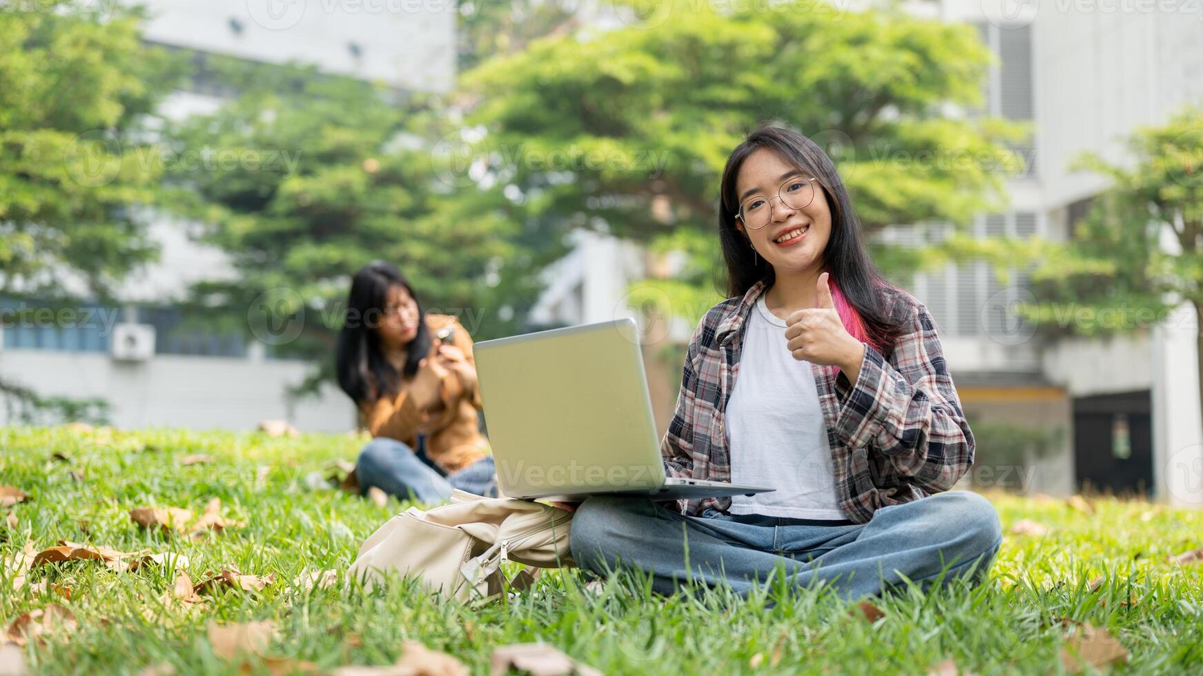A female student is sitting on the grass, showing her thumb up, and using a laptop for studying. photo
