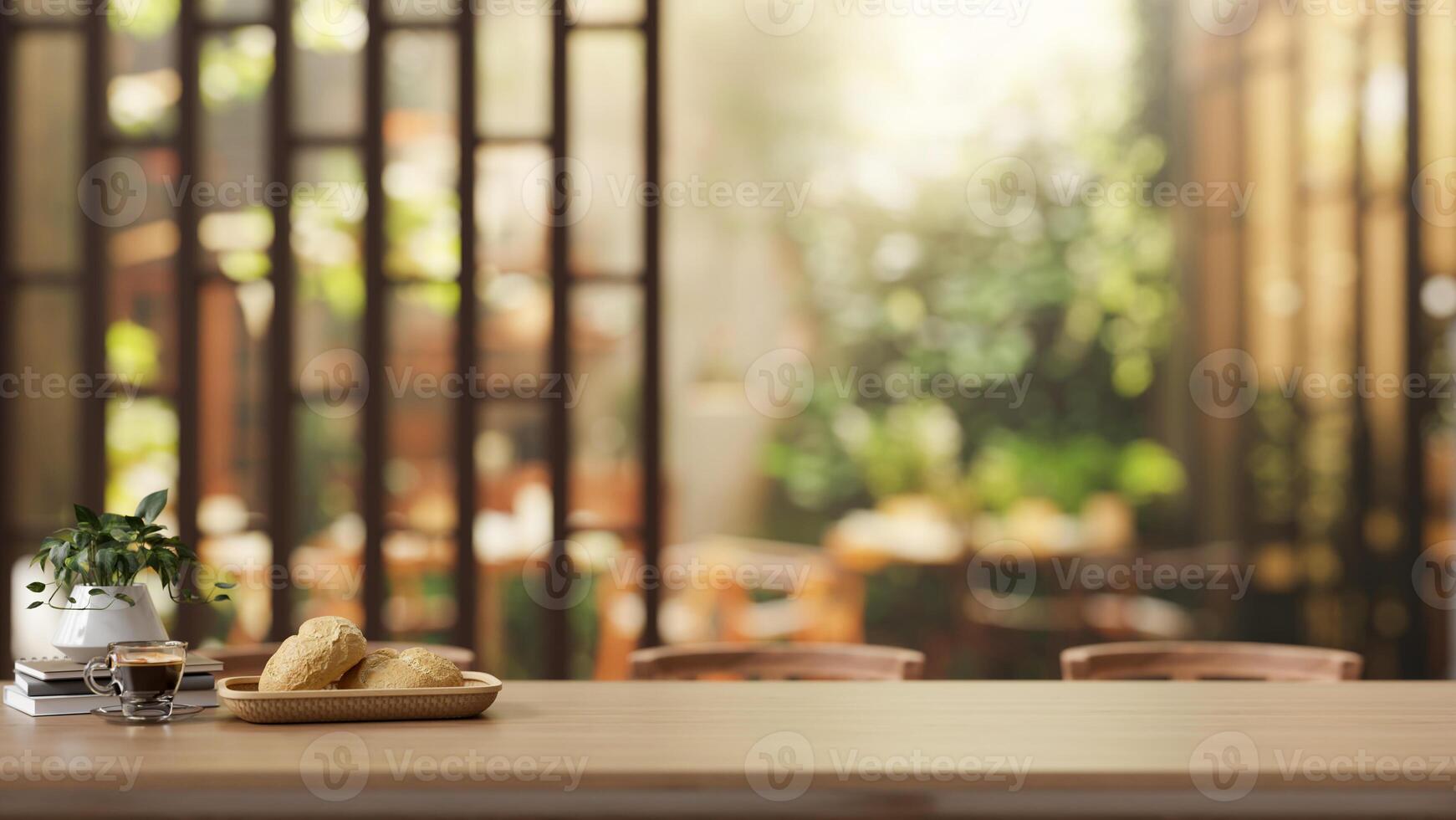 A rustic wooden tabletop, with a blurred background featuring the beautiful garden of a restaurant. photo