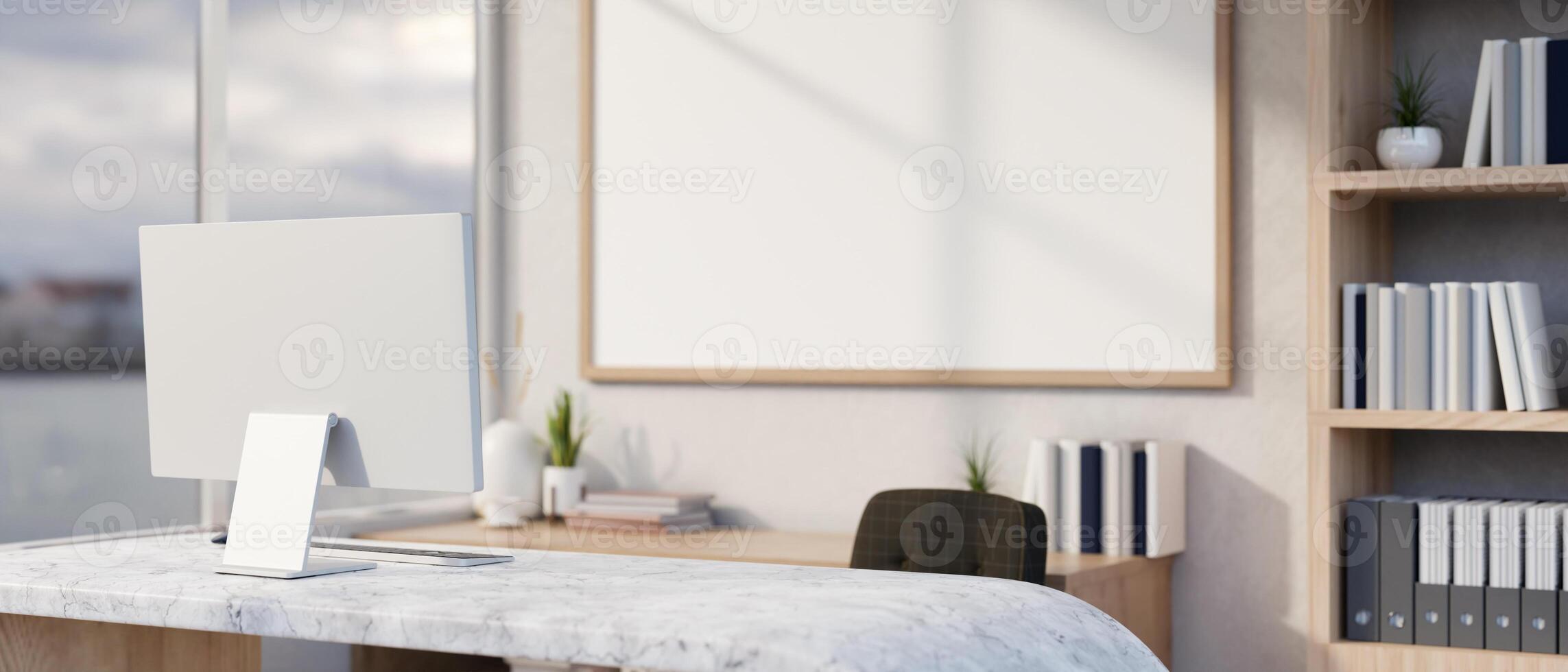 A computer on a modern marble desk in a contemporary private office in a skyscraper building. photo