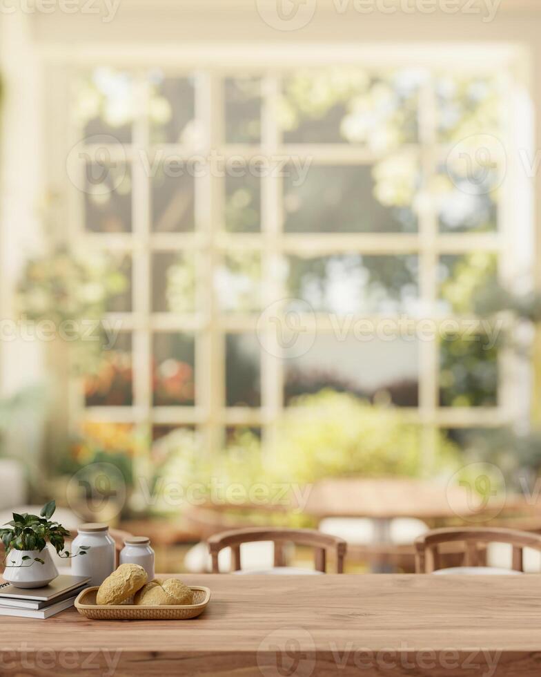 A rustic wooden dining table in a beautiful dining room with a view from a garden on a sunny day. photo