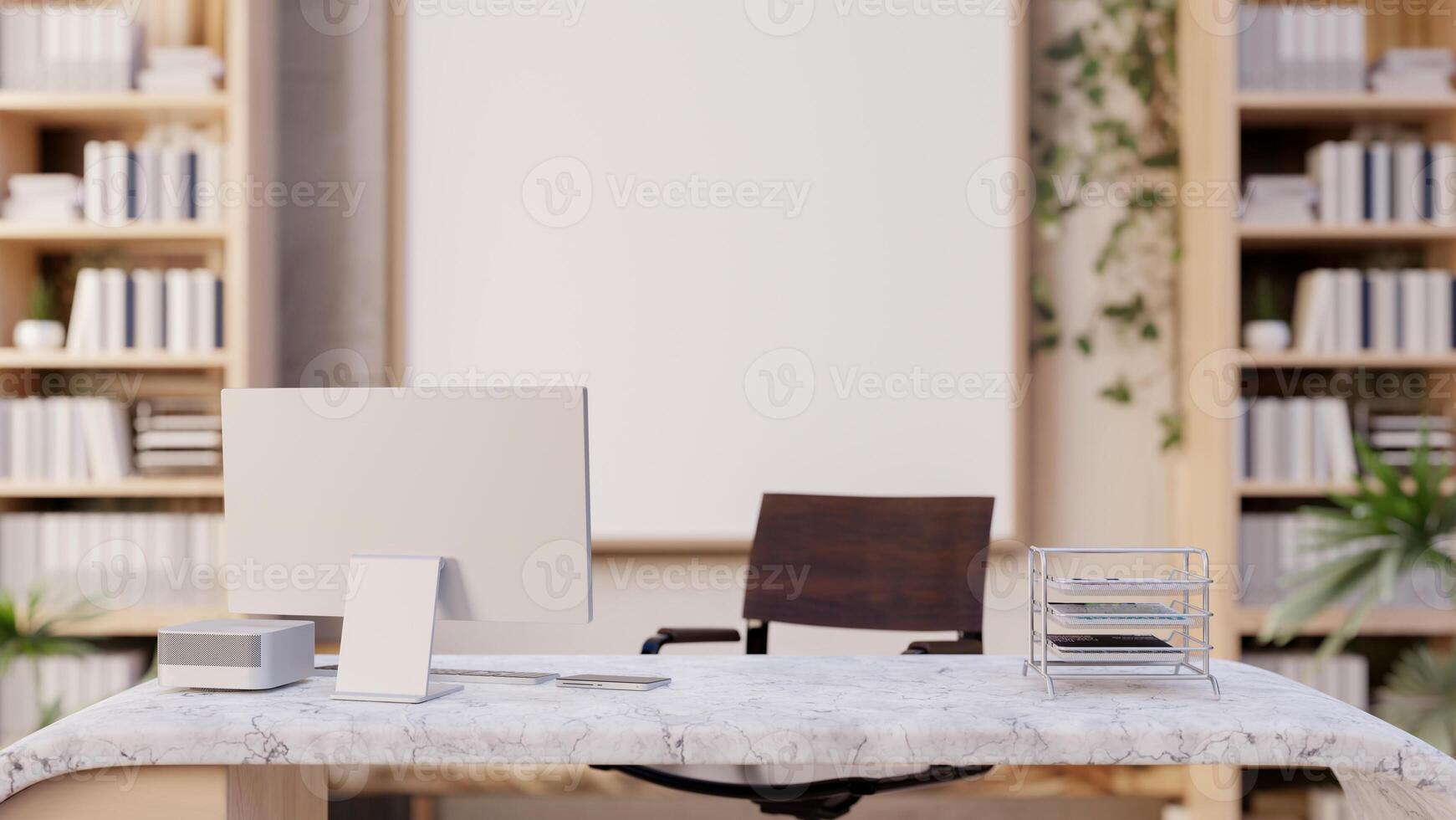 A minimalist contemporary private office features a computer on a modern marble desk. photo