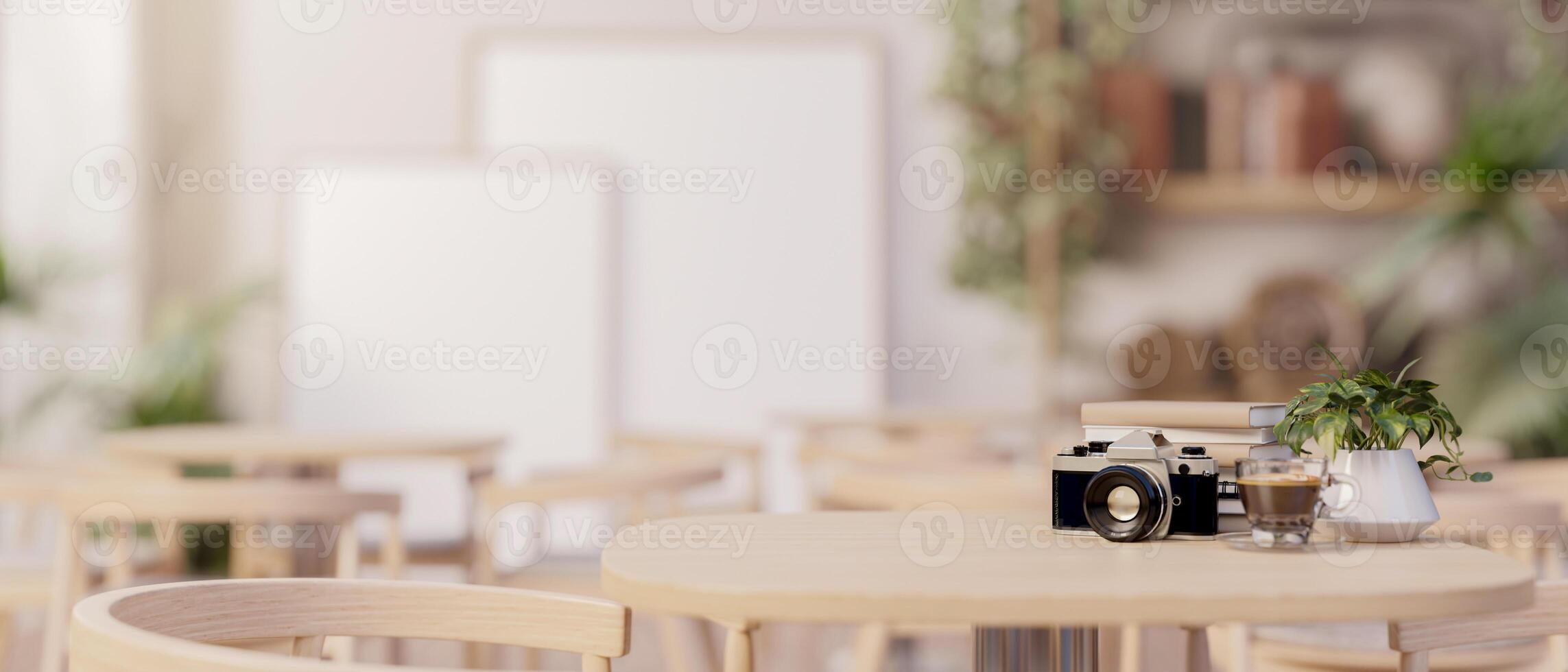 A space for display products on a wooden table in a beautiful minimalist restaurant of coffee shop. photo