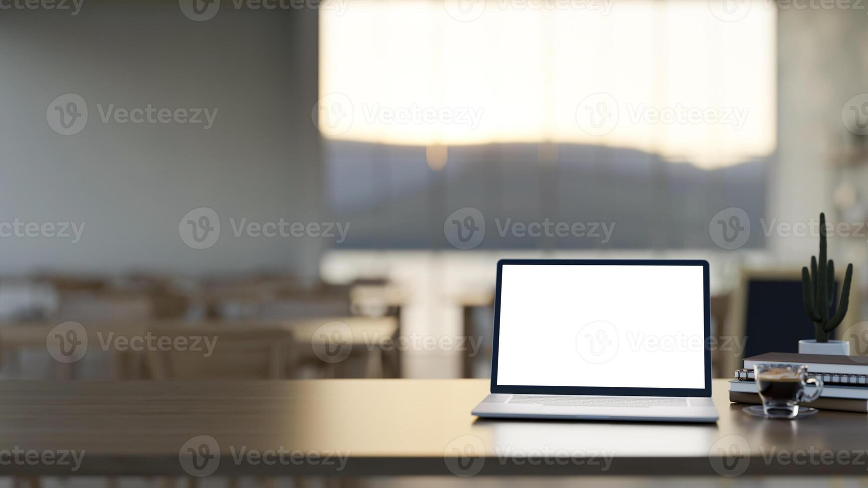 un ordenador portátil computadora pantalla blanca Bosquejo en un de madera escritorio en un cómodo y contemporáneo restaurante. foto