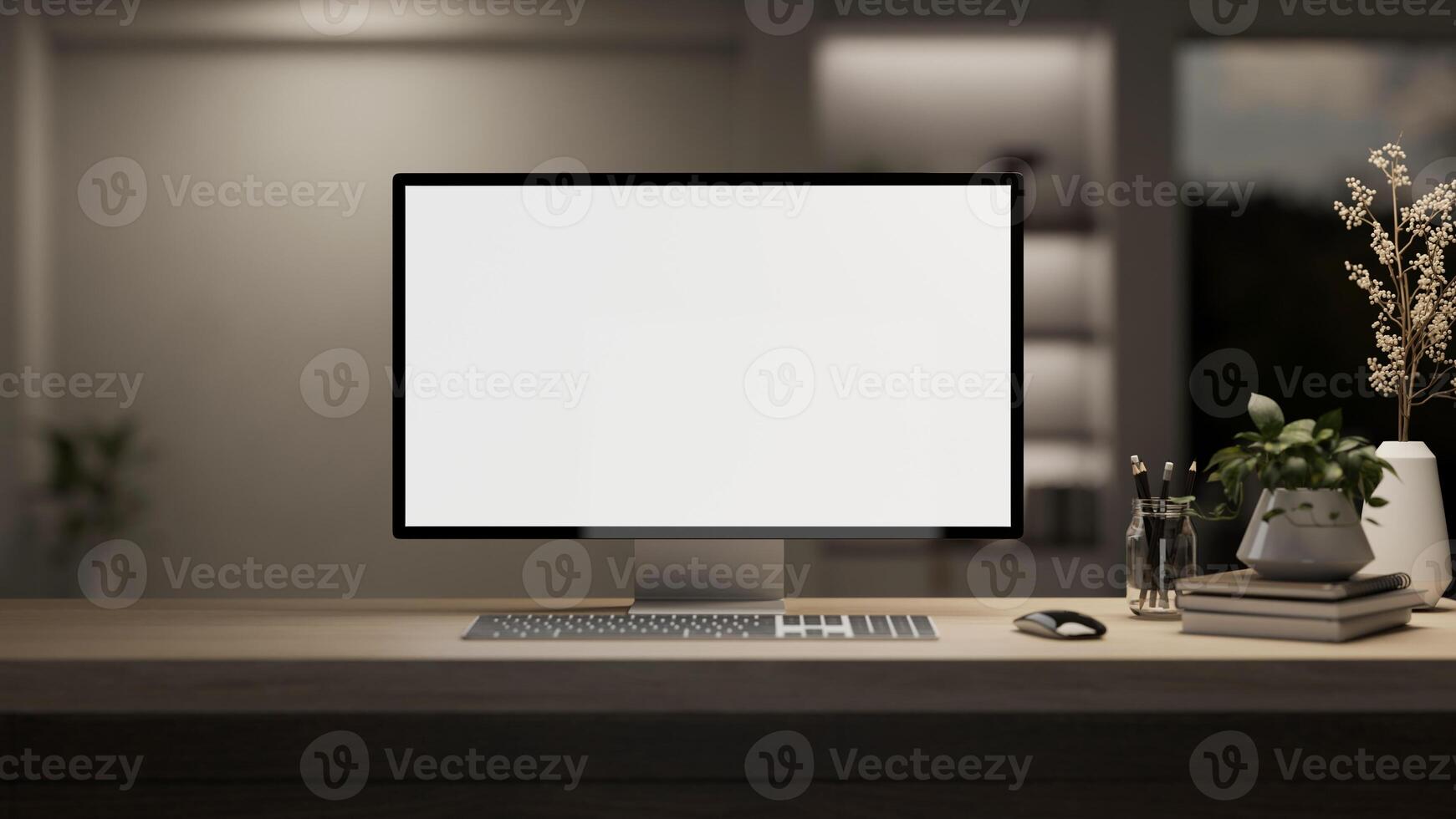 un computadora escritorio en un moderno habitación con un oscuro luz, un ordenador personal computadora pantalla blanca Bosquejo. foto