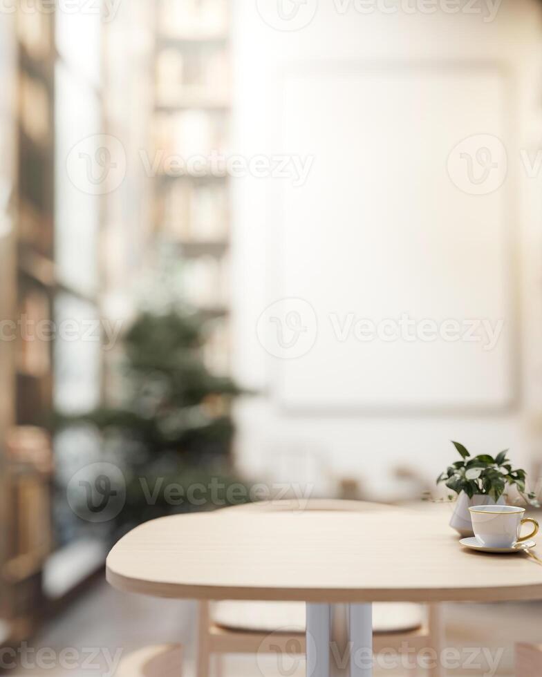 A close-up image of a wooden dining table in a beautiful contemporary lounge or cafe. photo