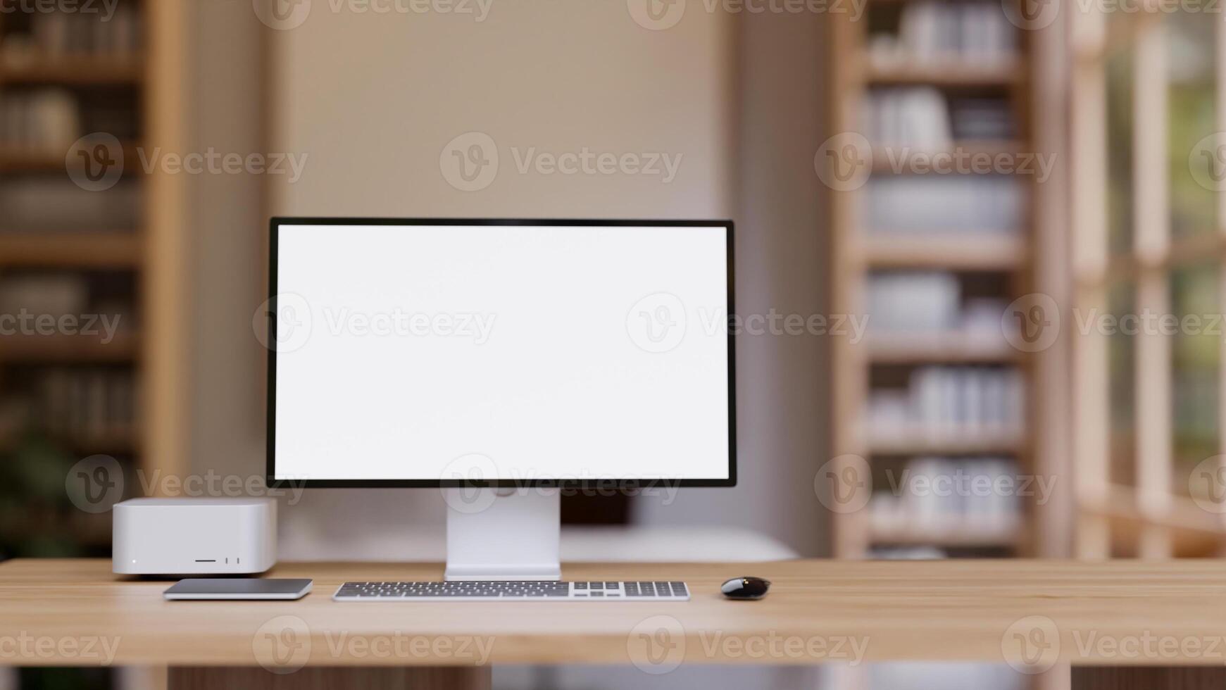 A wooden table features a PC computer mockup, a computer desk in a contemporary home office. photo