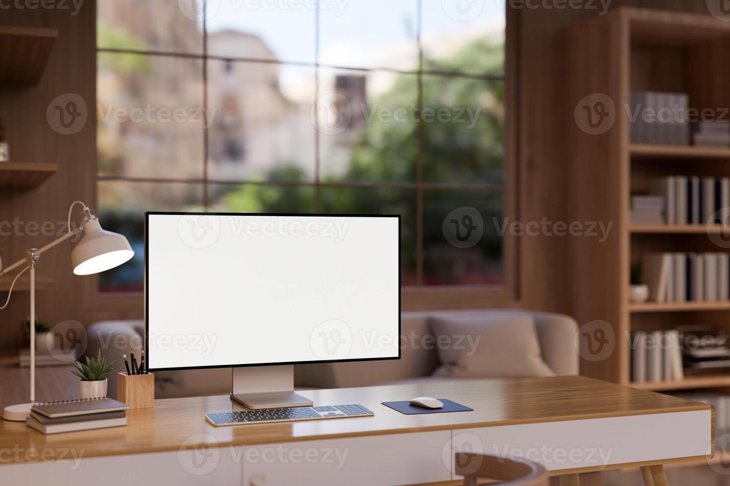 un contemporáneo de madera oficina caracteristicas un computadora Bosquejo, un sofá, y un estante para libros en el habitación. foto