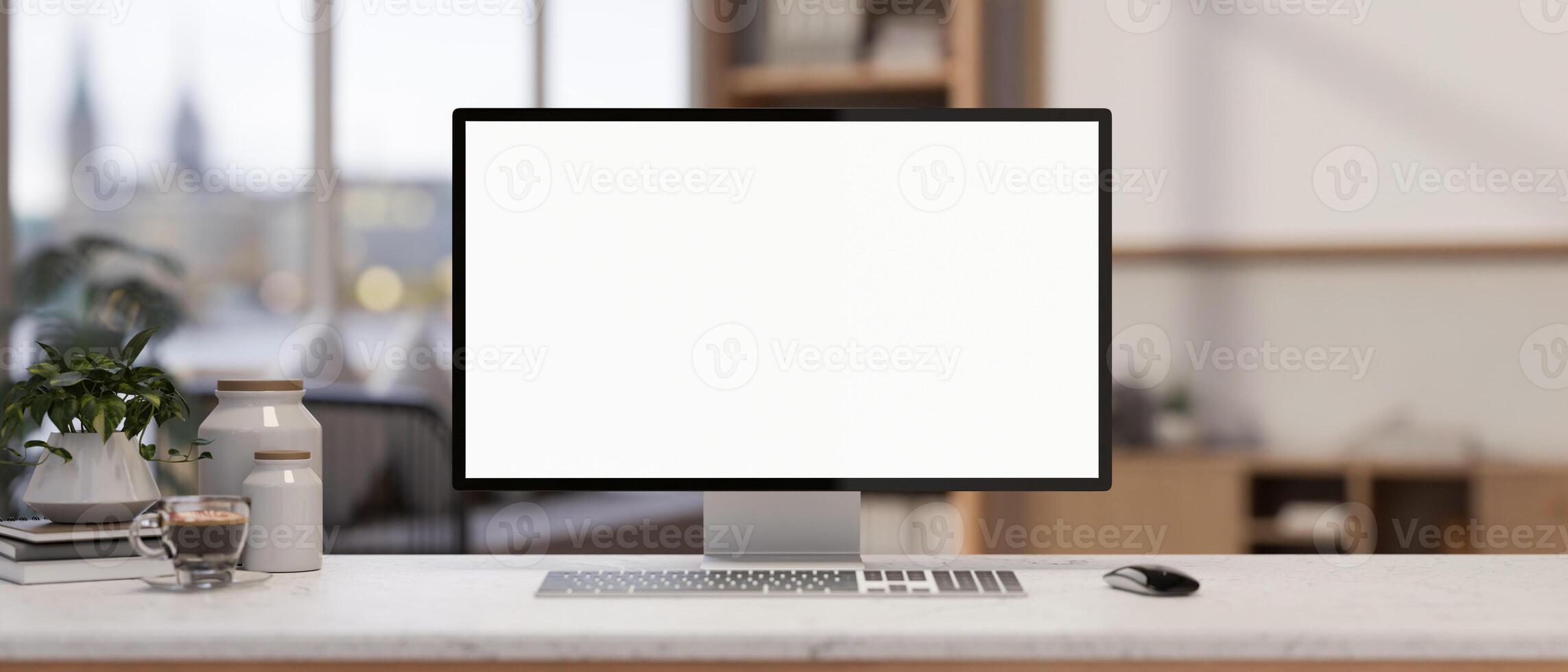 A modern white home office features a white-screen PC computer mockup and accessories on a desk. photo