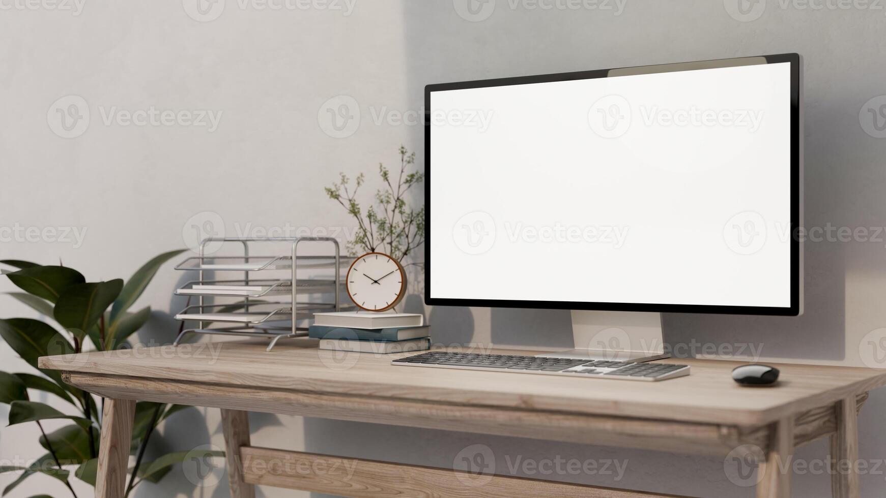 A neutral minimalist office workspace with a PC computer on a rustic wooden table. photo