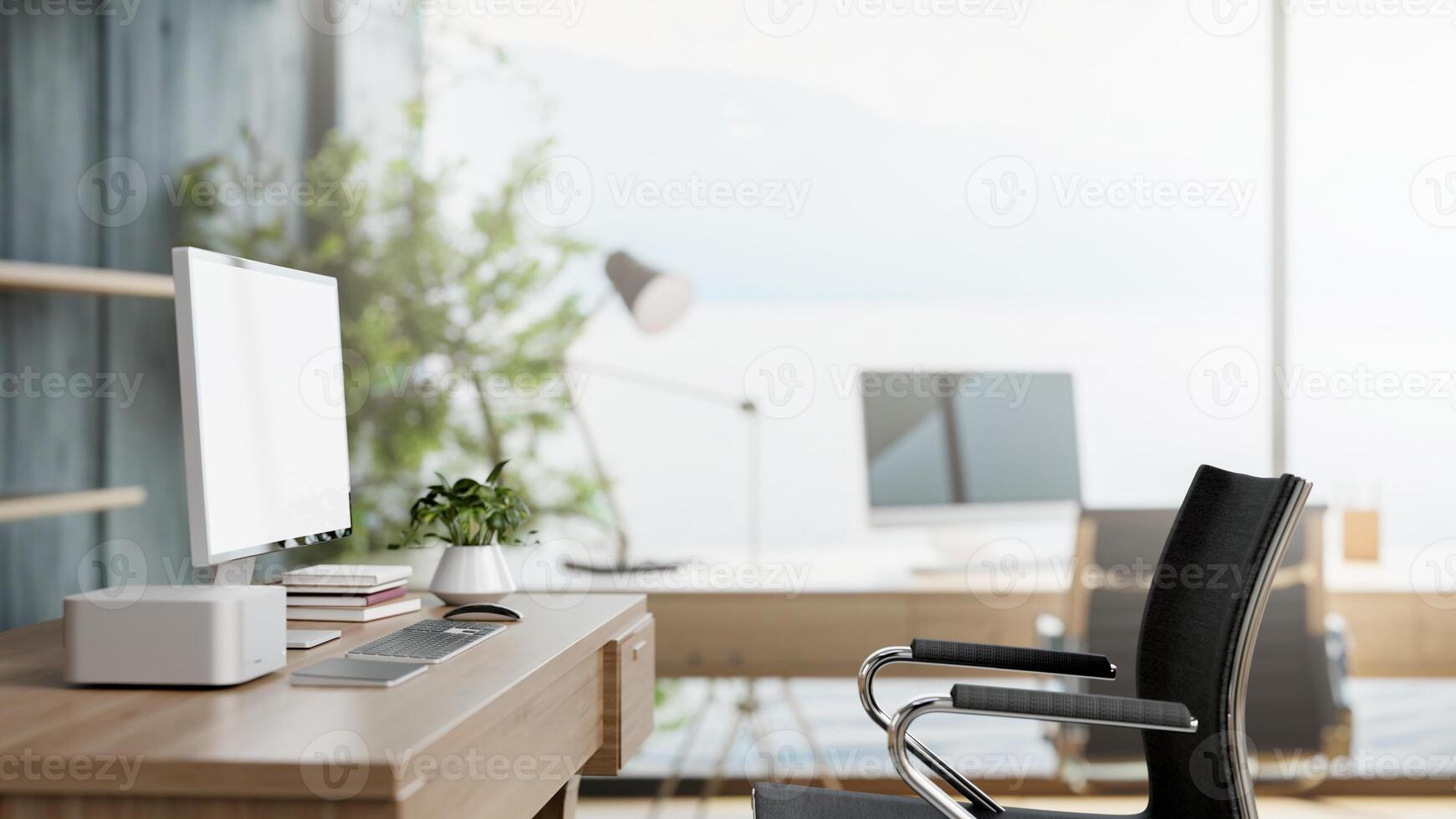 A side view image of a modern computer desk in a contemporary bright office. photo