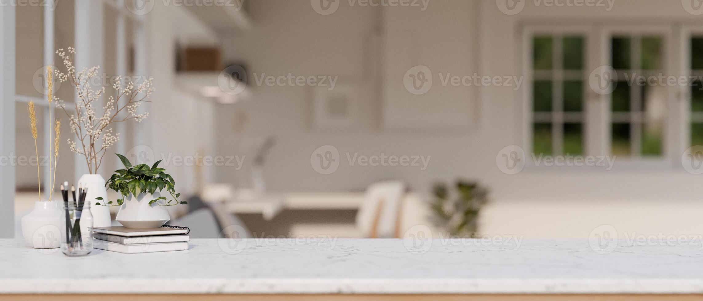 A white marble tabletop with a blurred background of a modern minimalist home office. photo