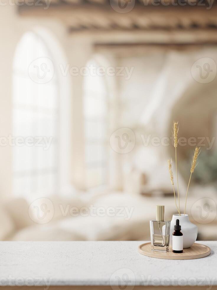 Beauty products on a white tabletop in a contemporary Mediterranean living room. photo