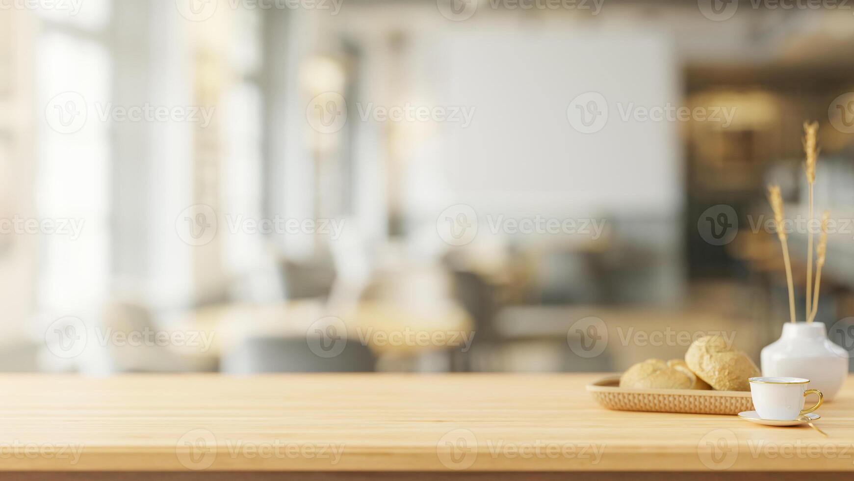 A space on a wooden tabletop with a blurred background of a contemporary coffee shop. photo