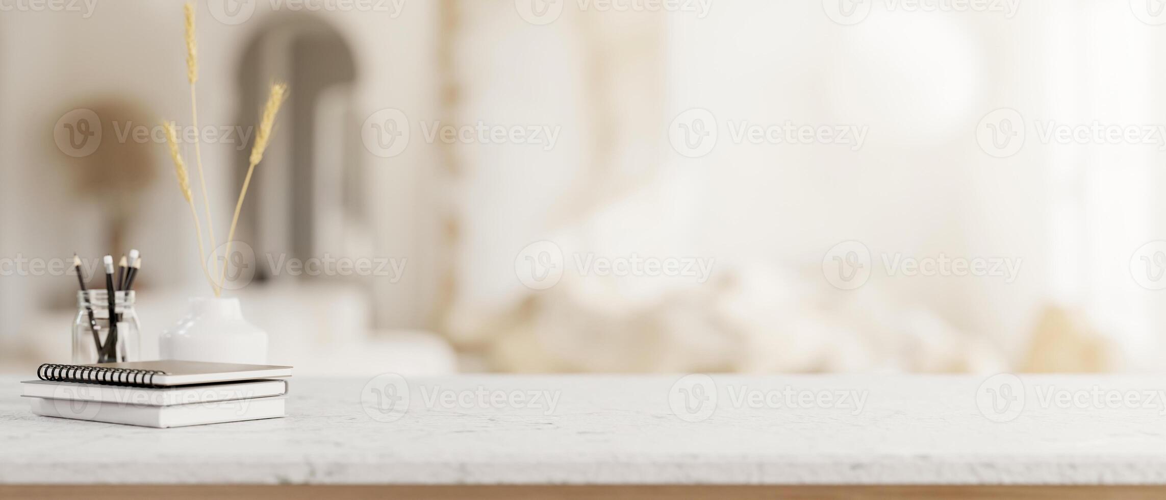 un lujoso blanco mármol mesa con un espacio para monitor productos en un moderno blanco vivo habitación. foto