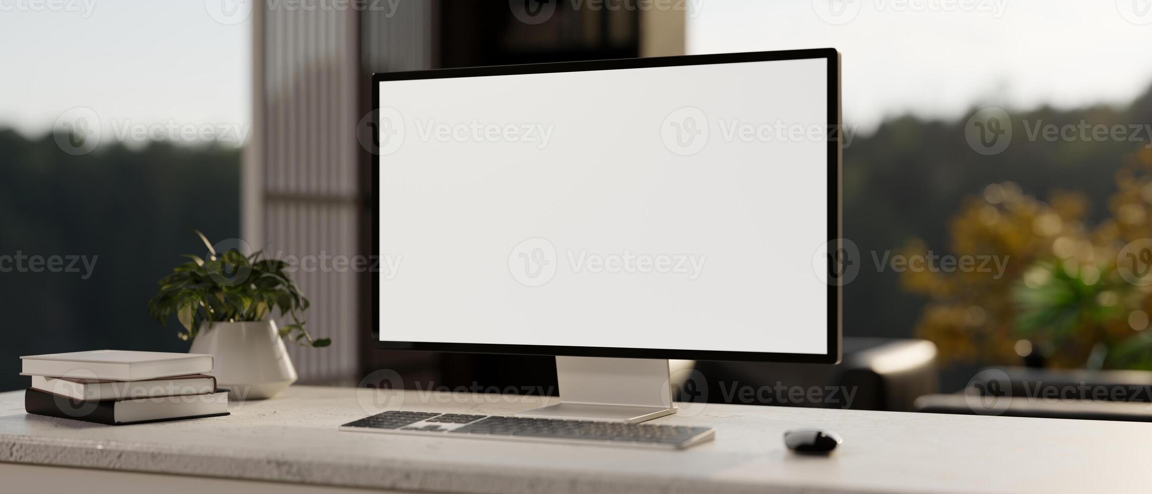 un pantalla blanca ordenador personal computadora Bosquejo en un escritorio en contra el ventana en un contemporáneo habitación. foto