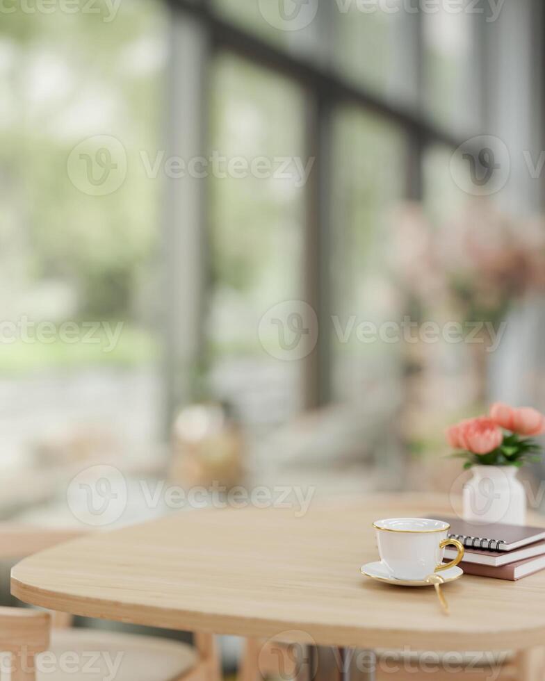 A space for display products on a wooden table in a beautiful contemporary coffee shop. photo