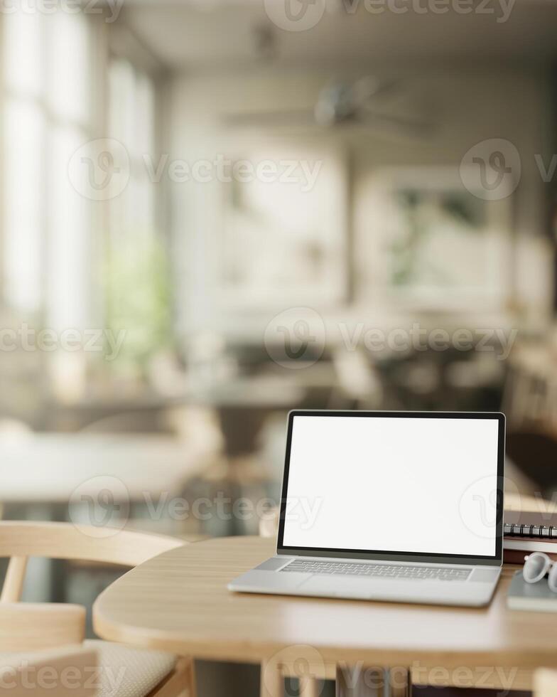un moderno, minimalista café tienda caracteristicas un blanco pantalla ordenador portátil computadora Bosquejo en un de madera mesa. foto