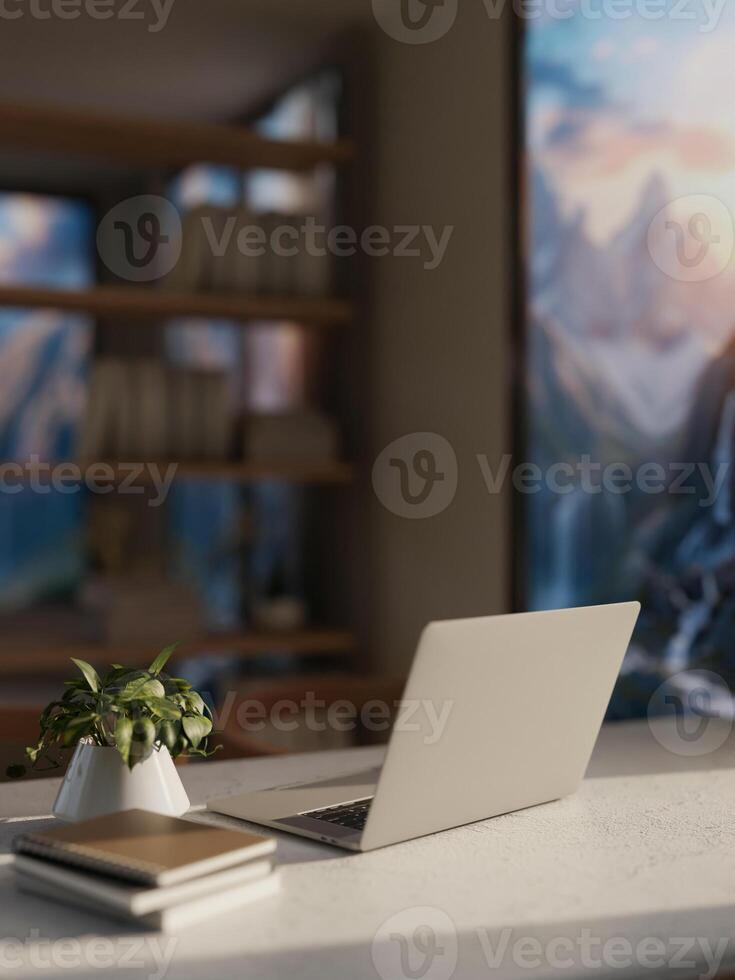 A close-up image of a laptop computer on a white desk in a modern home office or private office. photo