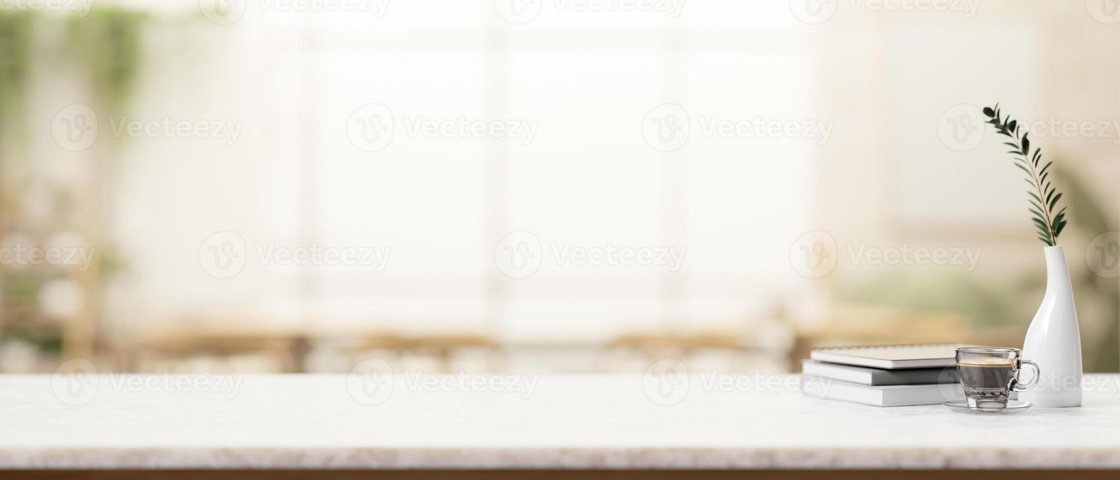 A minimal white marble table mockup design for product presentation in a modern dining room. photo