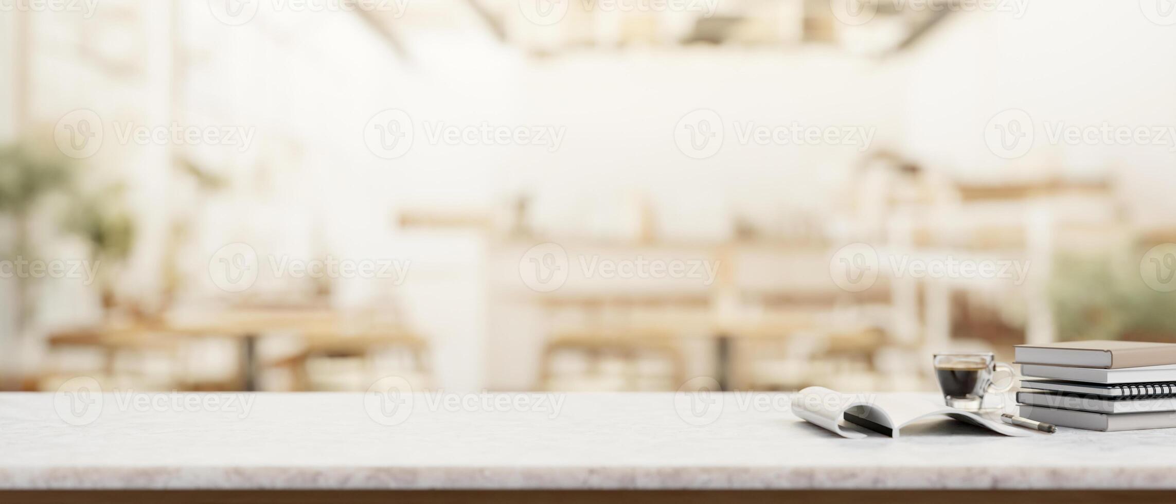 A presentation space for display products on a white table with a blurred background of a cafe. photo