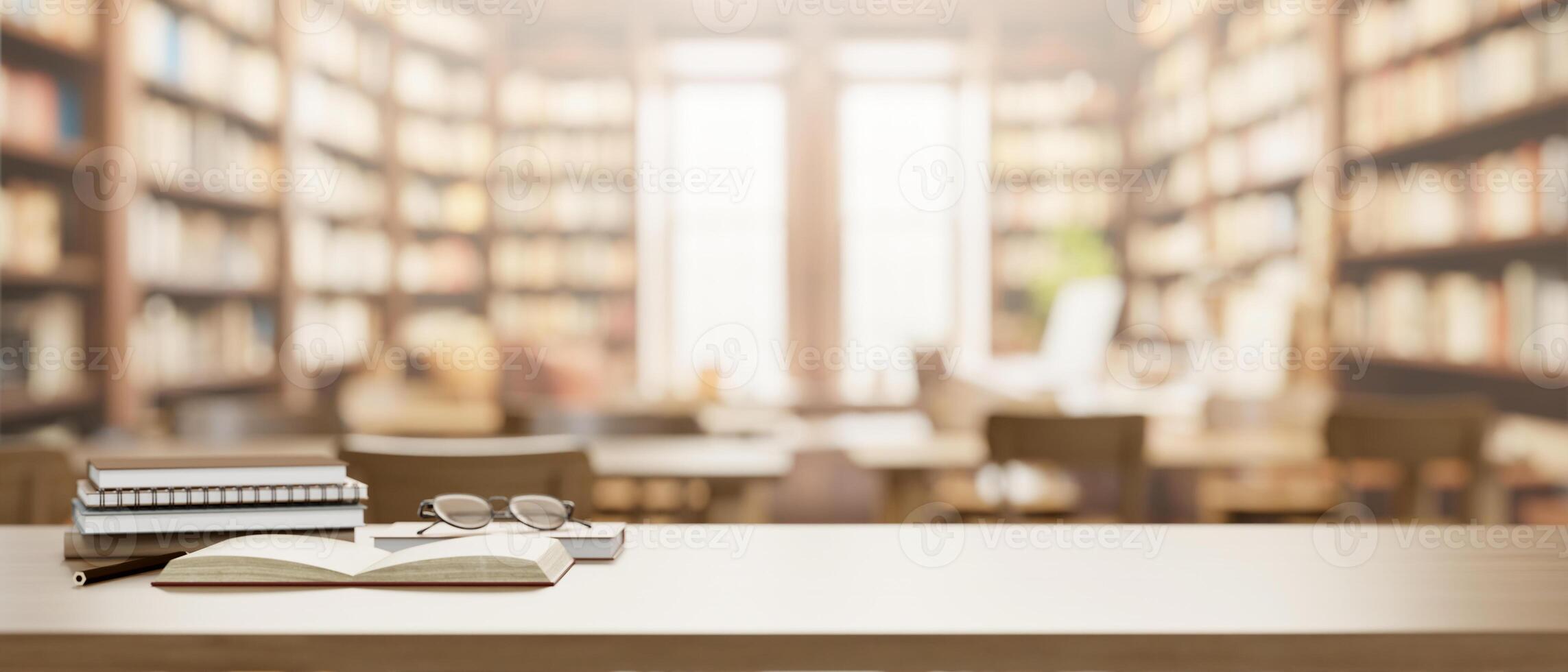 A presentation space, eyeglasses, and books on a wooden table in a vintage library. photo