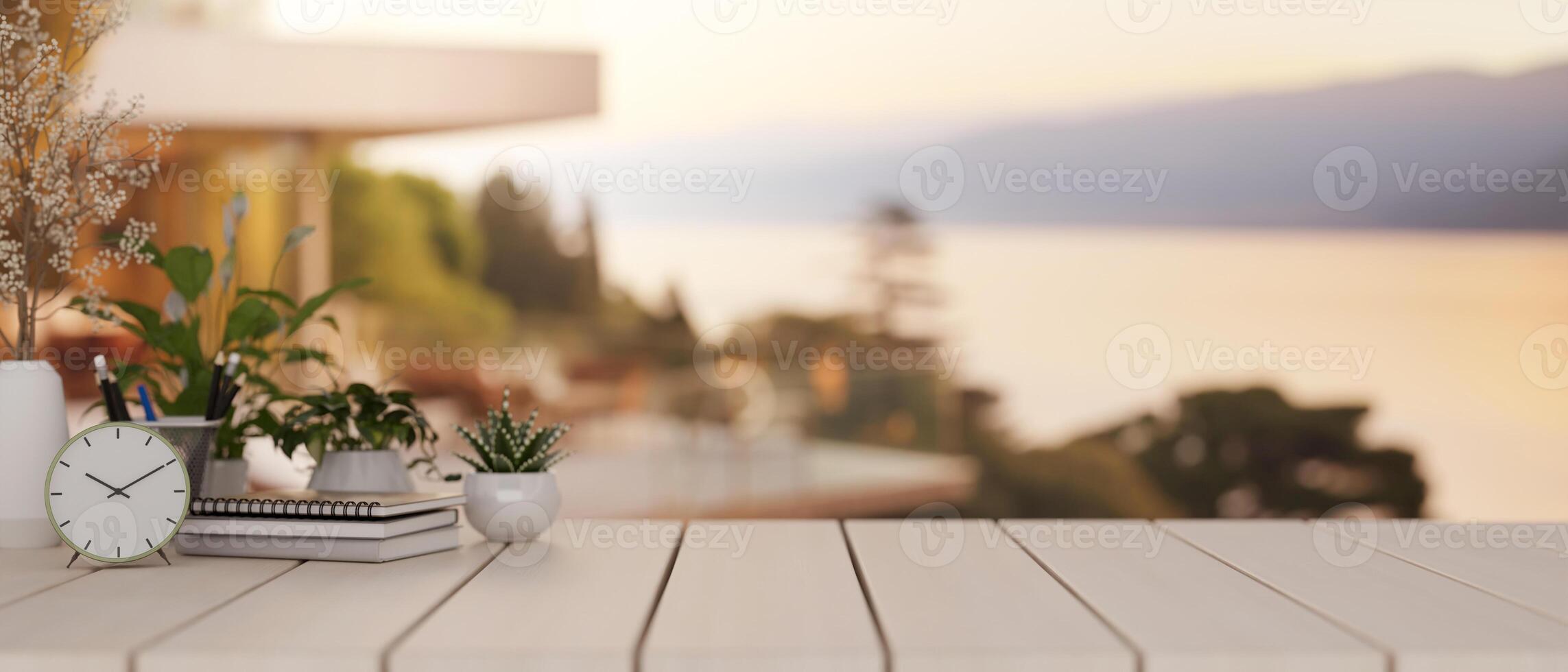 A space on a tabletop features decoration with a blurred background of an outdoors villa space. photo