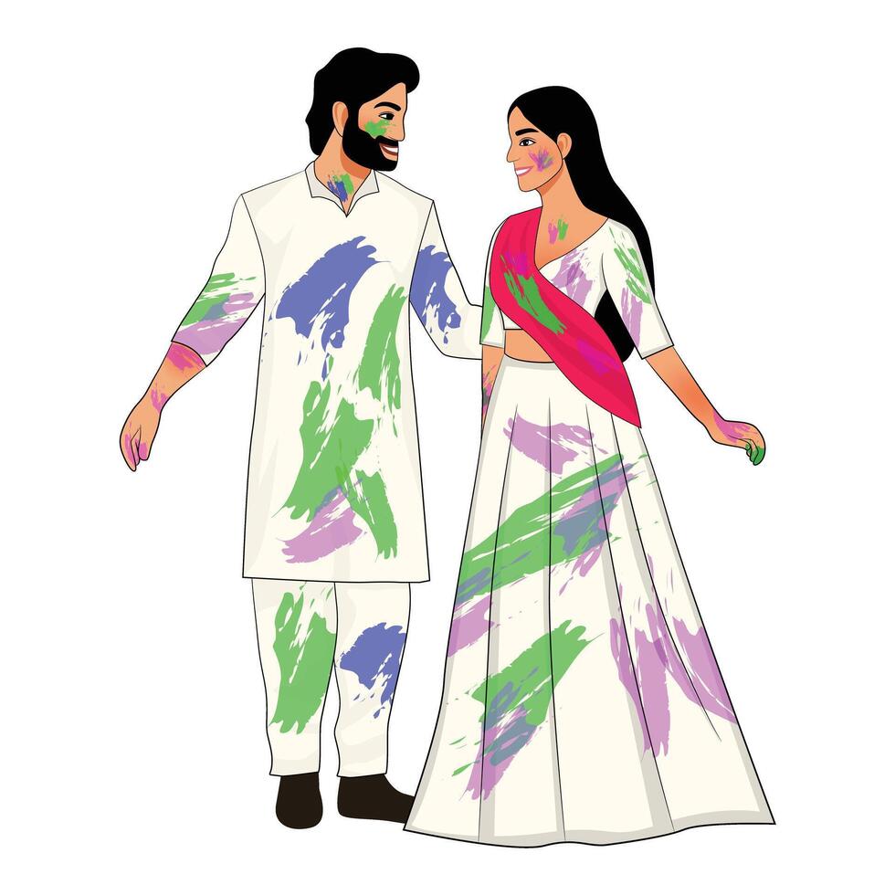 couple celebrating Holi festival with colors vector