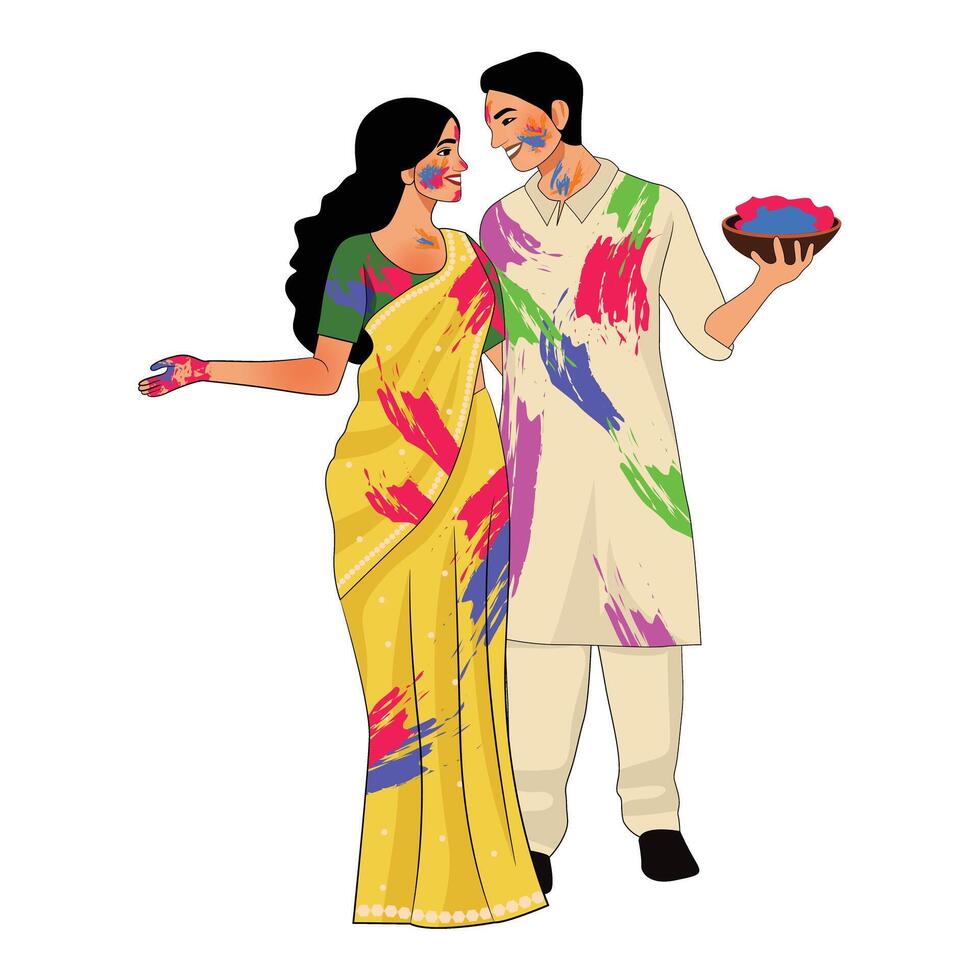 hindu couple playing with with colors on holi festival vector