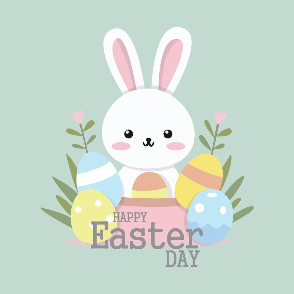 Happy Easter illustration with Easter eggs and bunnies, greeting card. illustration vector