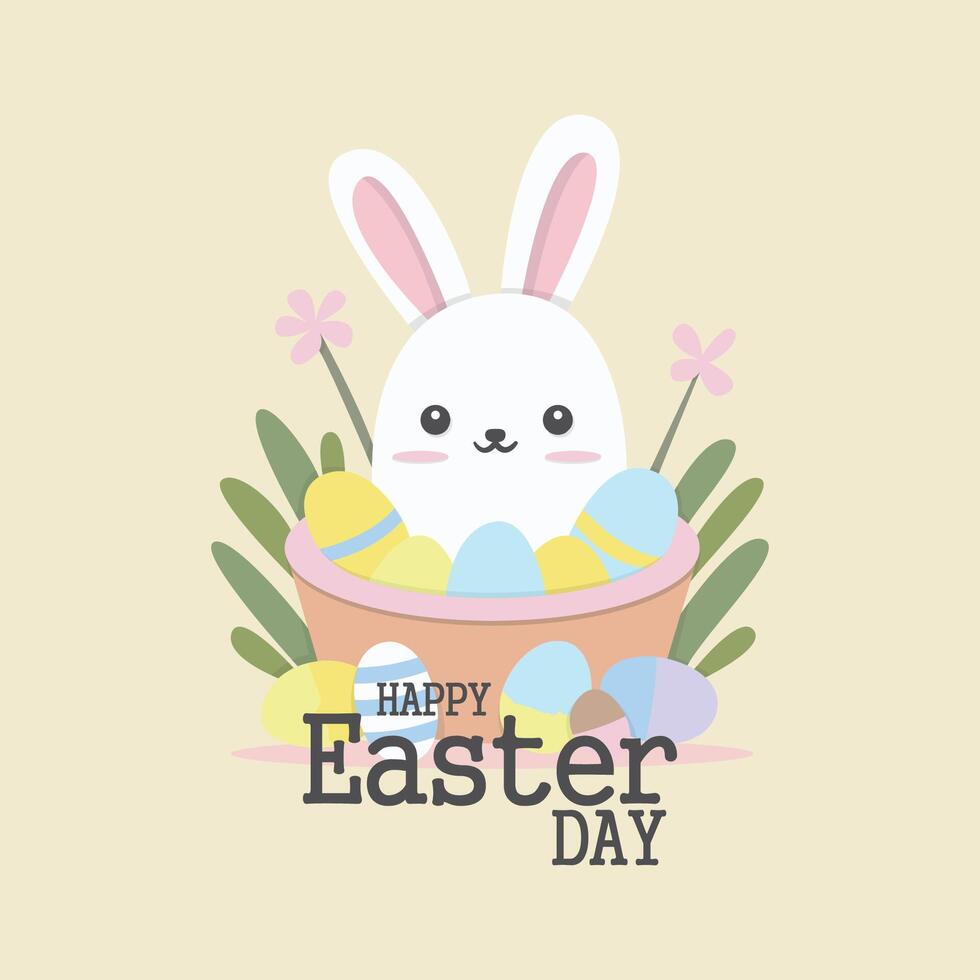 Happy Easter illustration with Easter eggs and bunnies, greeting card. illustration vector