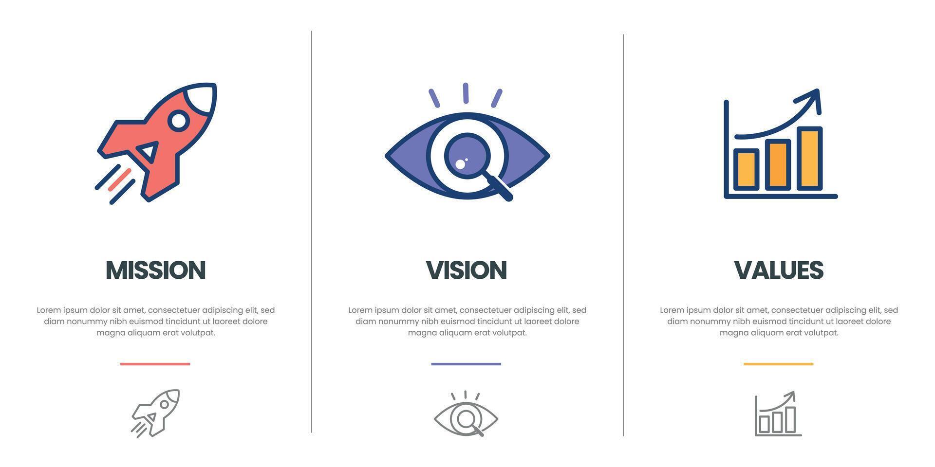 Mission vision values infographic banner template company goal infographic design with flat icon vector