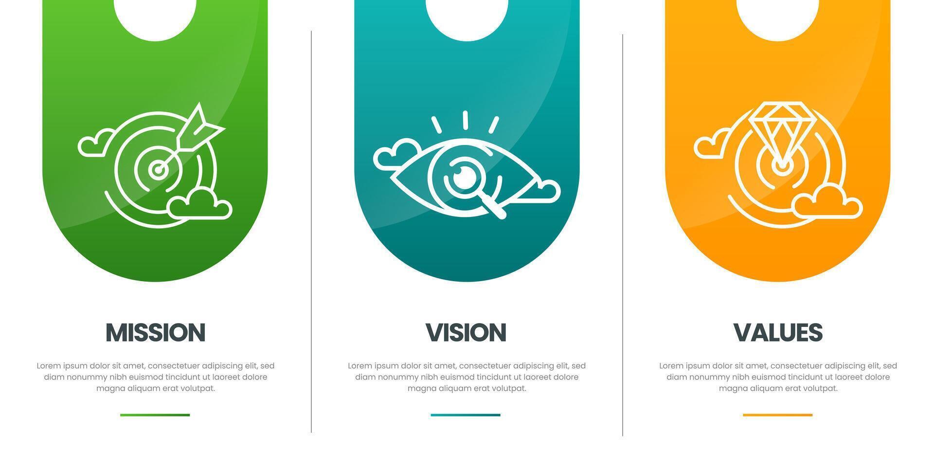 Mission vision values infographic banner template company goal infographic design with flat icon vector