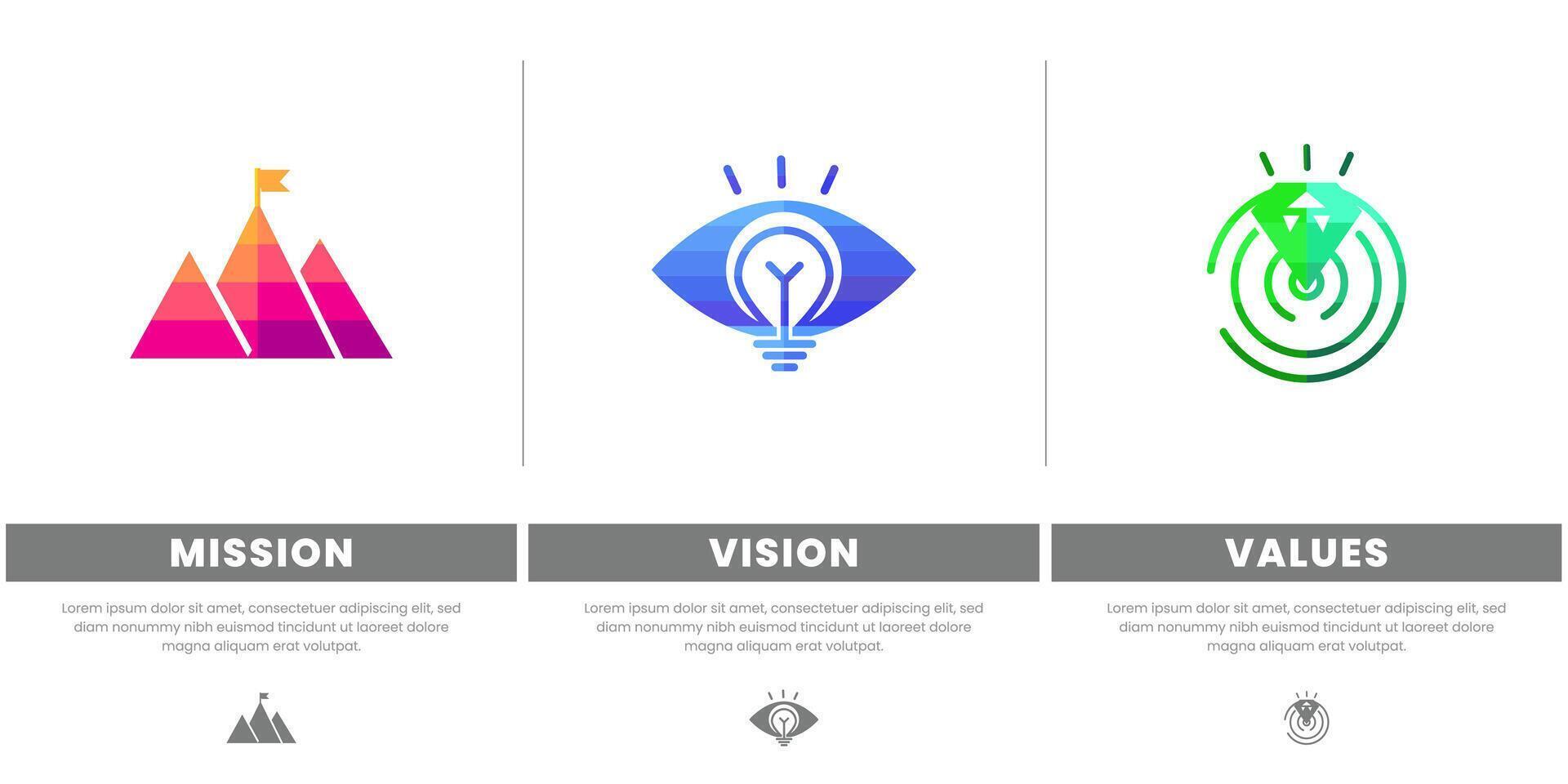 Mission vision values infographic banner template company goal infographic design with flat icon vector