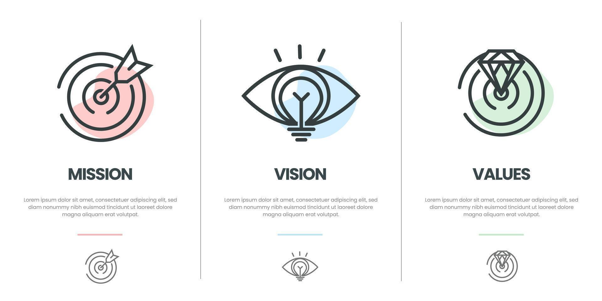 Mission vision values infographic banner template company goal infographic design with flat icon vector
