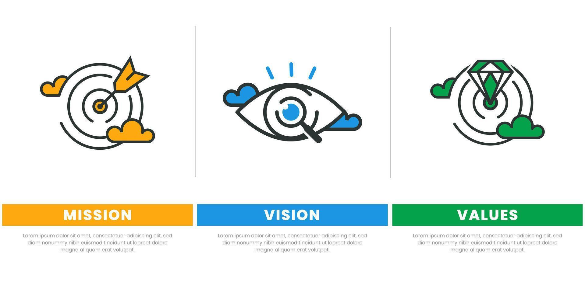 Mission vision values infographic banner template company goal infographic design with flat icon vector