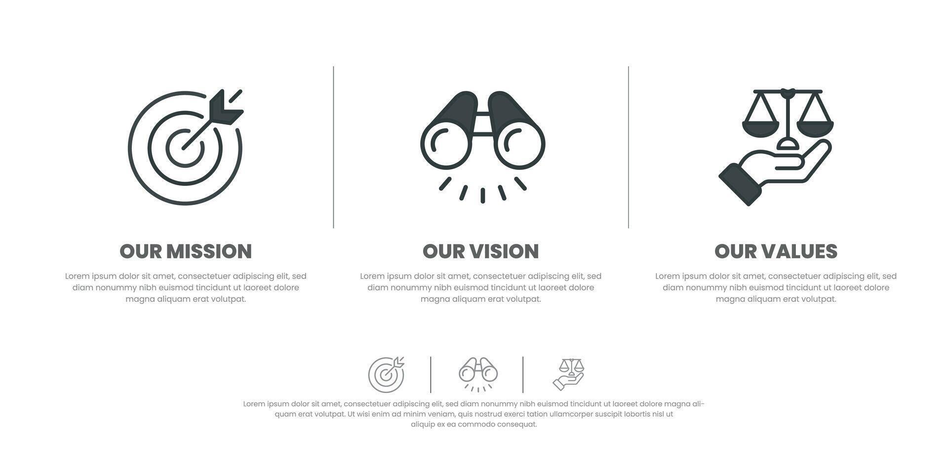 Mission vision values infographic banner template company goal infographic design with flat icon vector