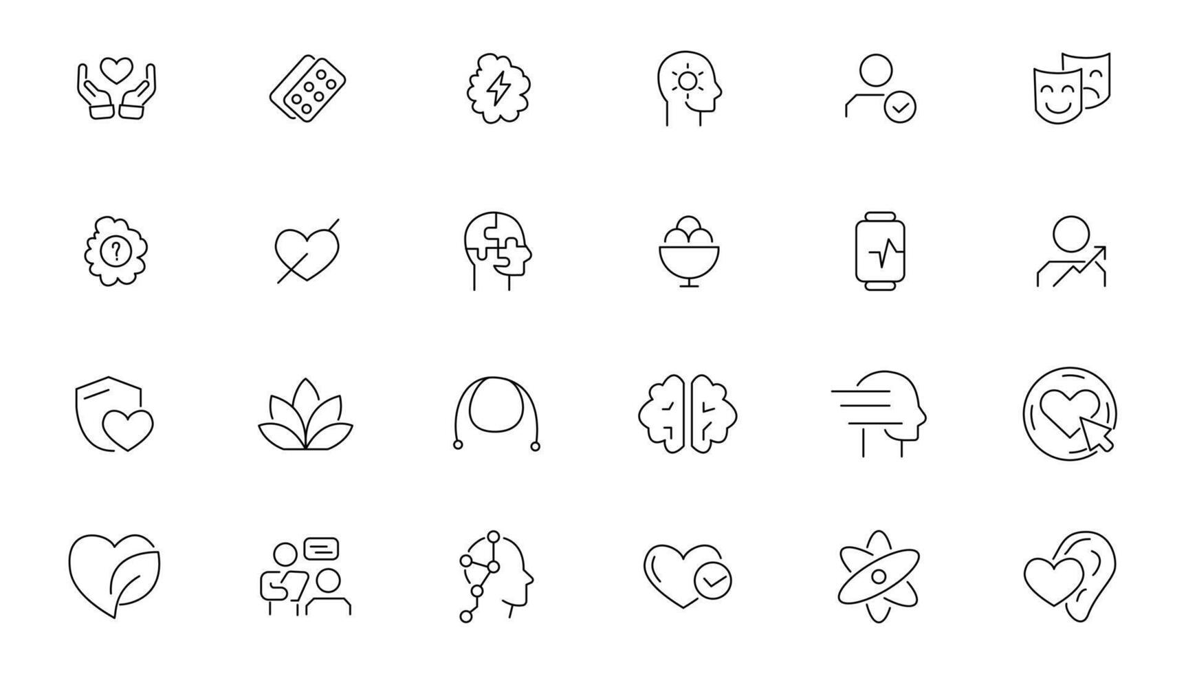 Psychology and mental line icons collection. Containing depression, bipolar, PTSD, panic and mind disorder icons. Thin outline icons pack vector