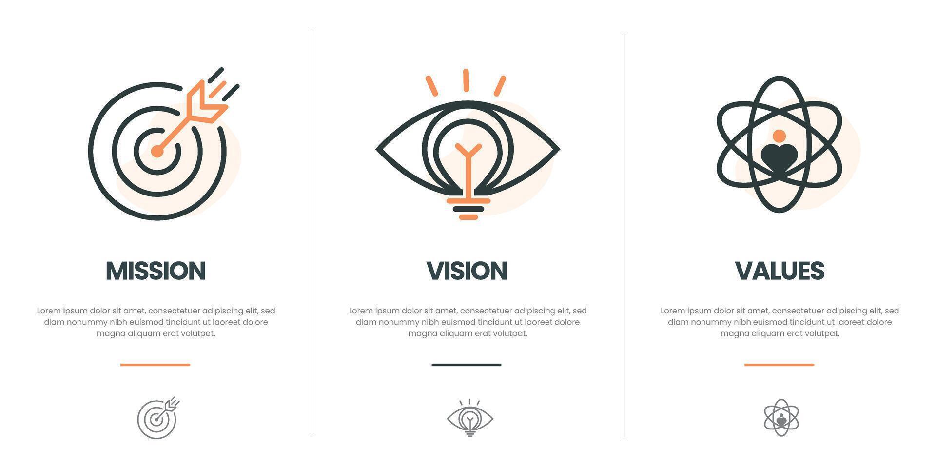 Mission vision values infographic banner template company goal infographic design with flat icon vector