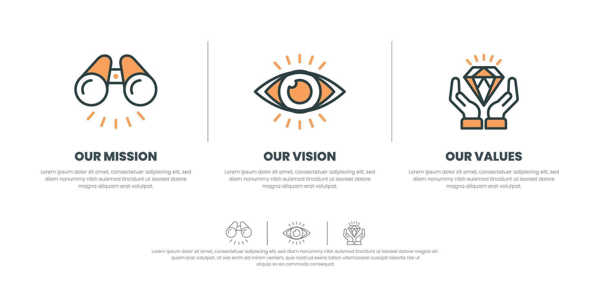 Mission vision values infographic banner template company goal infographic design with flat icon vector