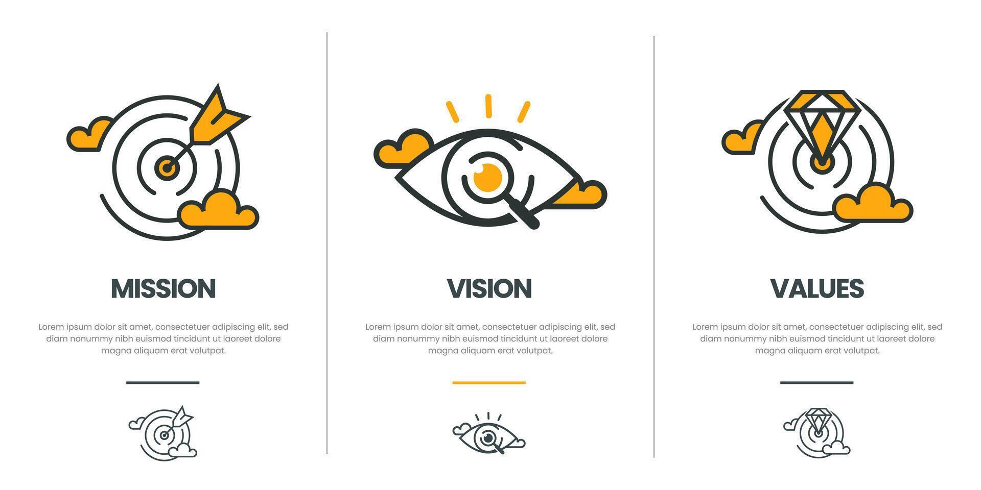 Mission vision values infographic banner template company goal infographic design with flat icon vector