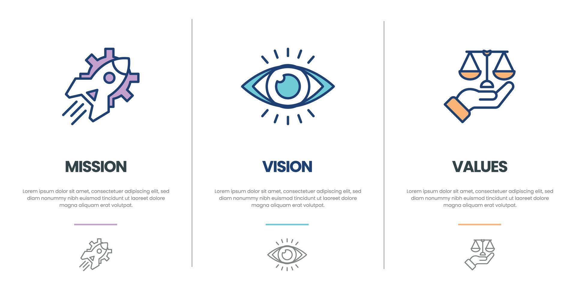 Mission vision values infographic banner template company goal infographic design with flat icon vector