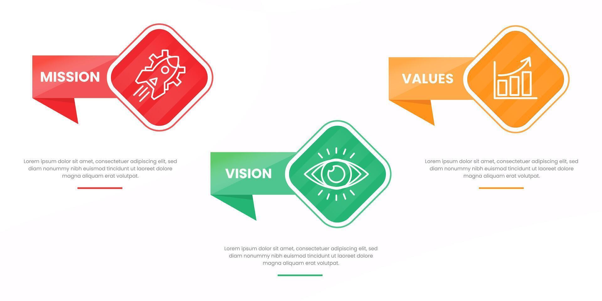 Mission vision values infographic banner template company goal infographic design with flat icon vector